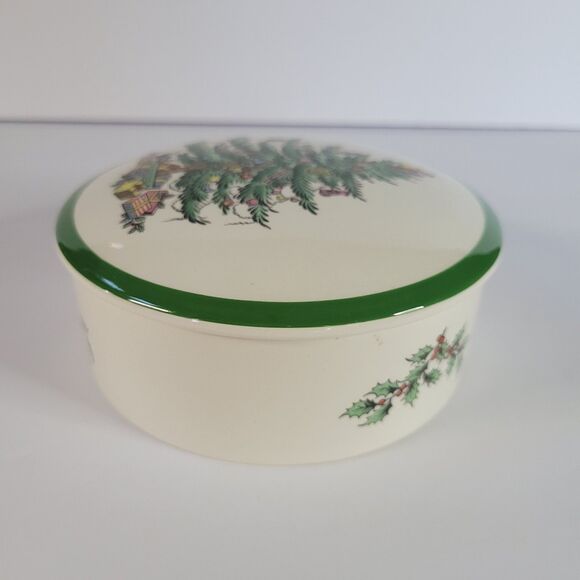 Green White Spode Christmas Tree Porcelain Round 5” Trinket Powder Box England - Picture 7 of 14